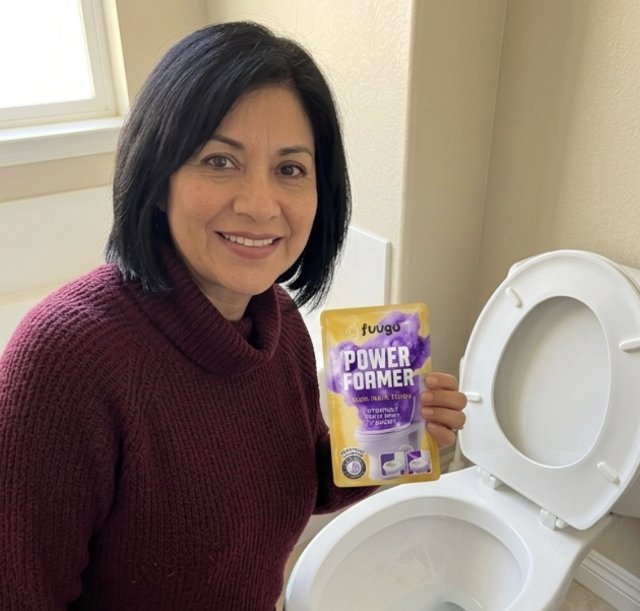 Miriam Guerra holding fuugu Power Foamer pouch in bathroom