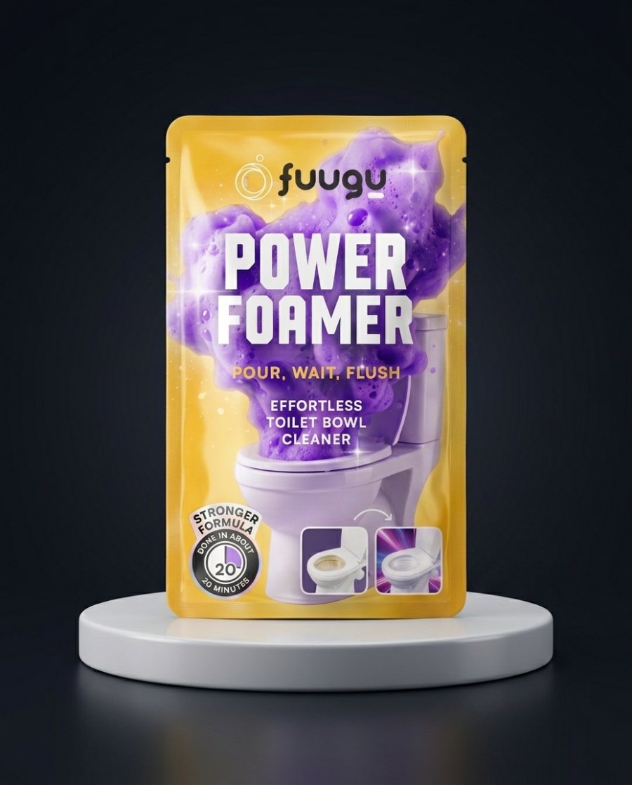 fuugu Power Foamer sachet on studio pedestal